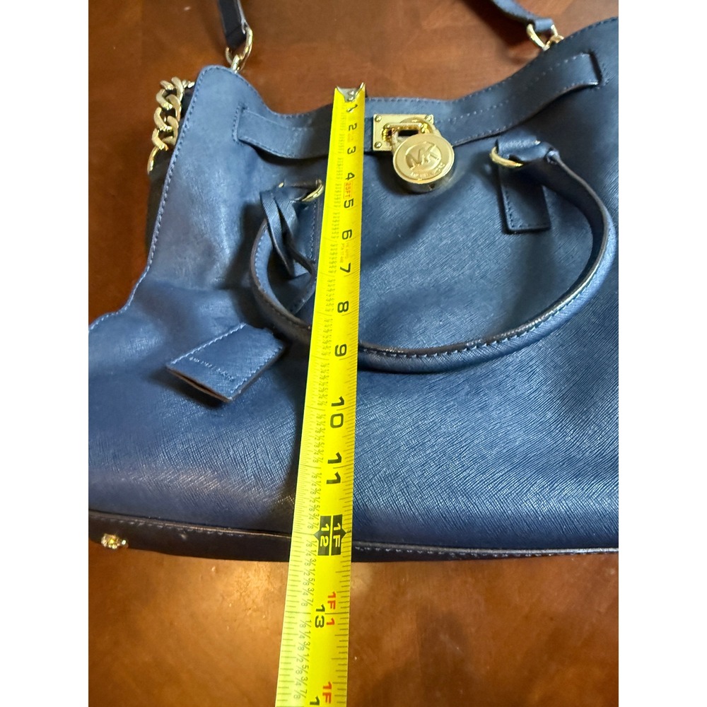 Michael Kors Hamilton Satchel Navy Blue Saffiano Leather Gold Padlock Handbag - Picture 6 of 11